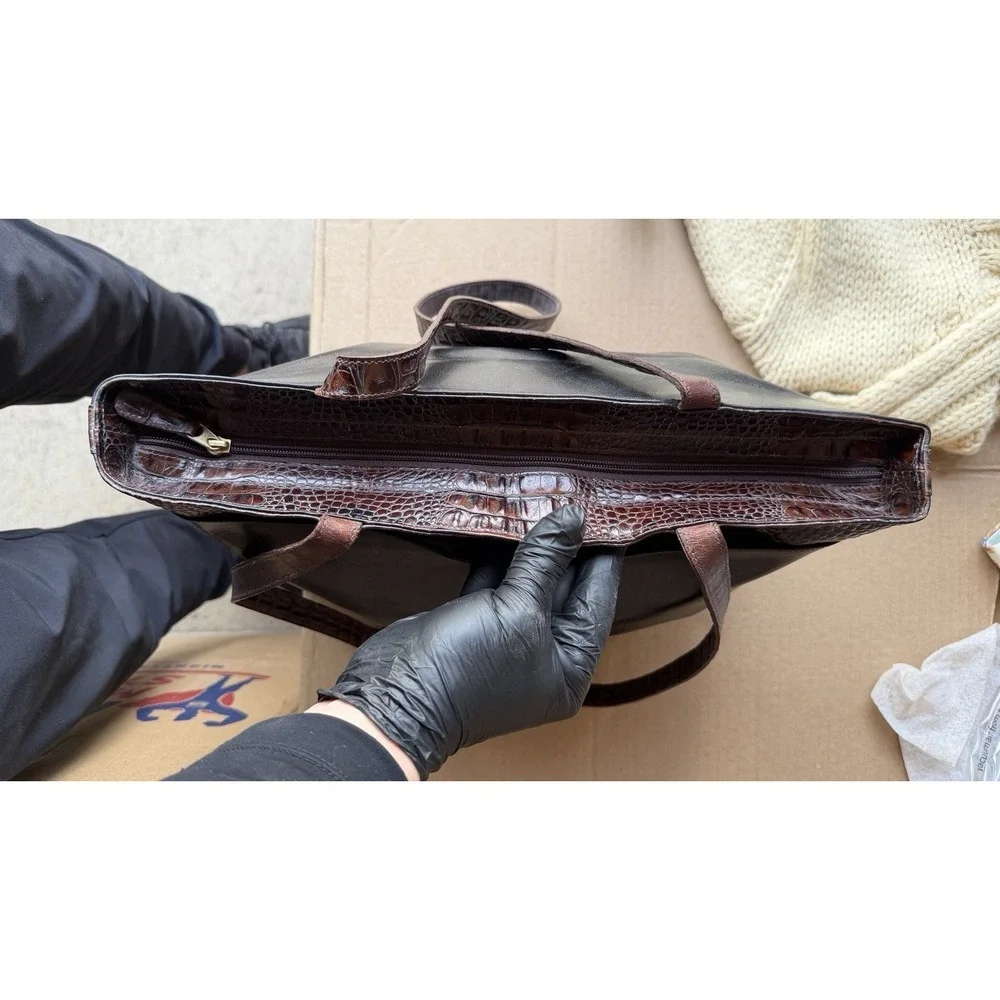 Brahmin Black‎ Brown Leather Tote Bag Croc Embossed Shoulder Purse